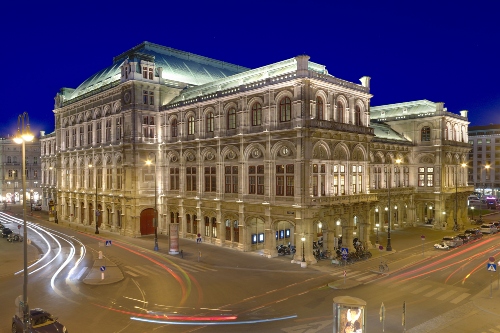 Night time view of the state opera house in Vienna, Austria. 