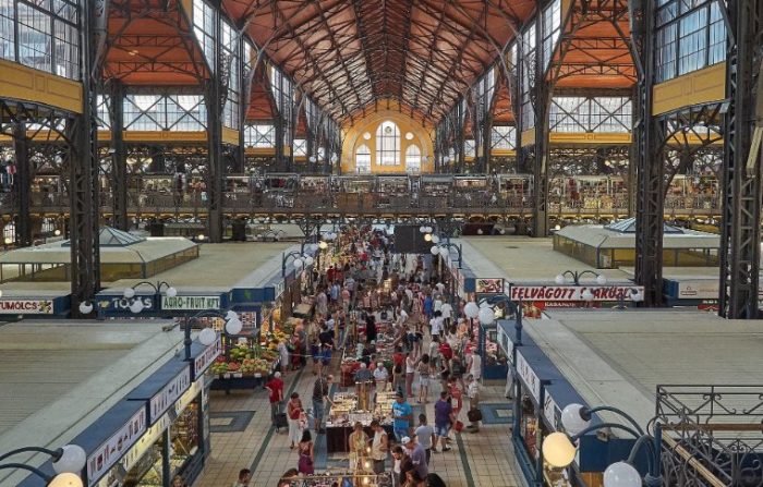 aerial view of large indoor market with high ceiling