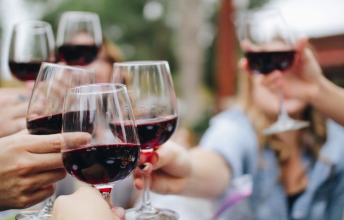 group of people cheersing red wine