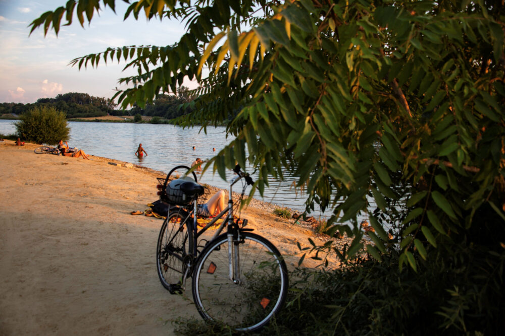 People relaxing on a sand beach on the Vienna Danube island late on a summer day, with a bicycle and tree in the foreground.