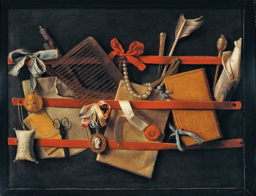 a trompe l'oeil painting by Samuel van Hoogstraten featuring a comb, pen, small books, scissors, and ribbons against a black background