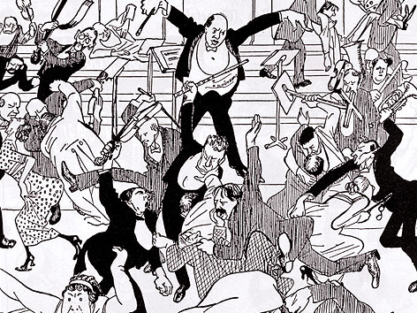 A cartoon depicting an audience fighting with musicians while the conductor looms overhead.