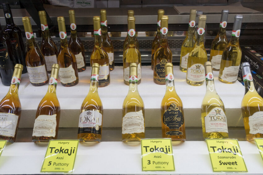 Bottles of Tokaji wine for sale in Budapest central market, Budapest, Hungary