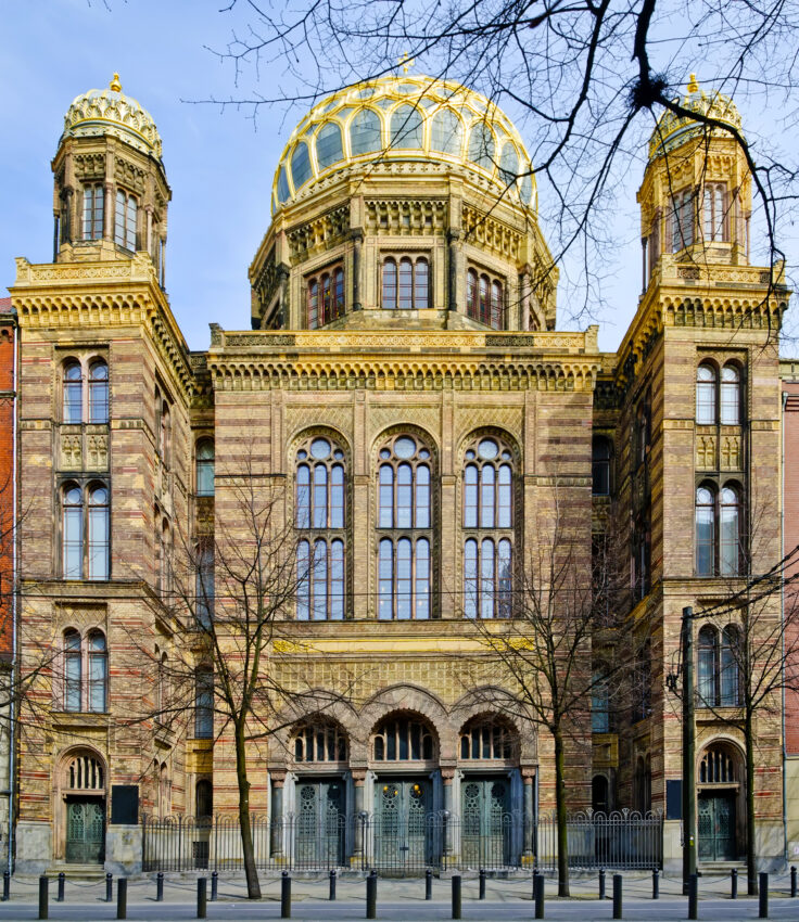 Front view of new synagogue in Berlin, Germany, on a sunny day in autumn