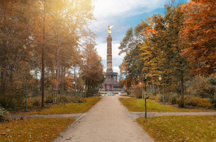 View of the Victory Column in Berlin from the Tiergarten in autumn, Germany