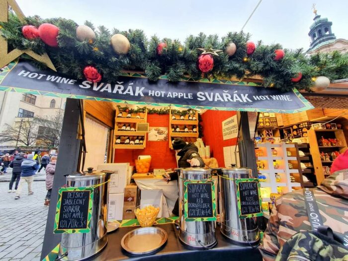 A mulled wine stand at a Christmas market in Prague