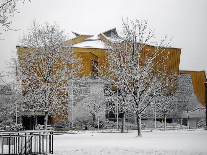 Image of the Philharmonic concert hall covered in snow on a winter day in Berlin