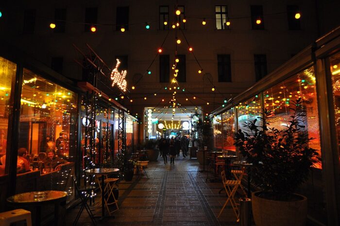 The Gozsdu Weekend Market in Budapest at night