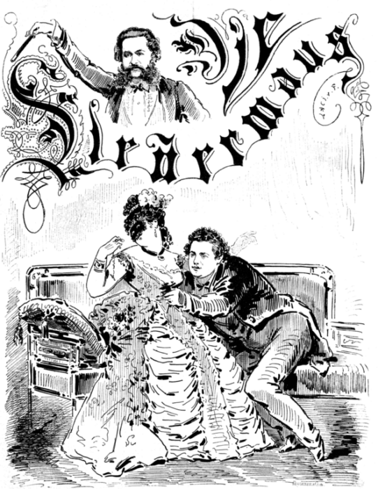 An illustration of a man and a woman in 19thcentury clothing with an image of Johann Strauss conducting the title of the opera, Die fledermaus, above them