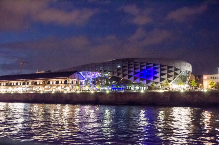 Balna Shopping Center by the Danube river at summer night