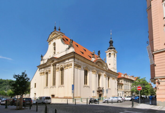 Street view of St. Simon and Jude Church in Prague on a sunny spring day