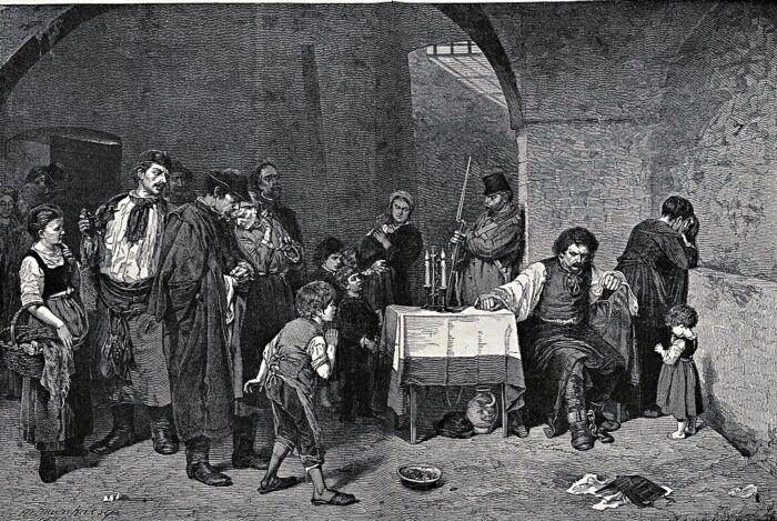 Black-and-white print of the painting "Condemned Cell' by Mihaly Munkacsy, with a man sitting at a table looking resigned while other people stand around him, upset in various ways