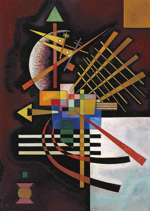 The abstract painting Oben und Links by Wassily Kandinsky, with lines, rectangles, arrows and circles emanating from the center before a red-and-white background