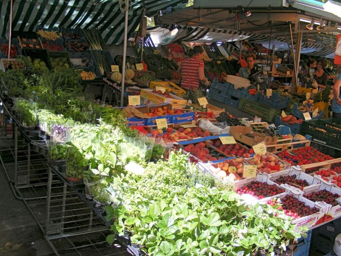 Herbs, vegetables and fruit on display at Schrannenmarkt in Salzburg